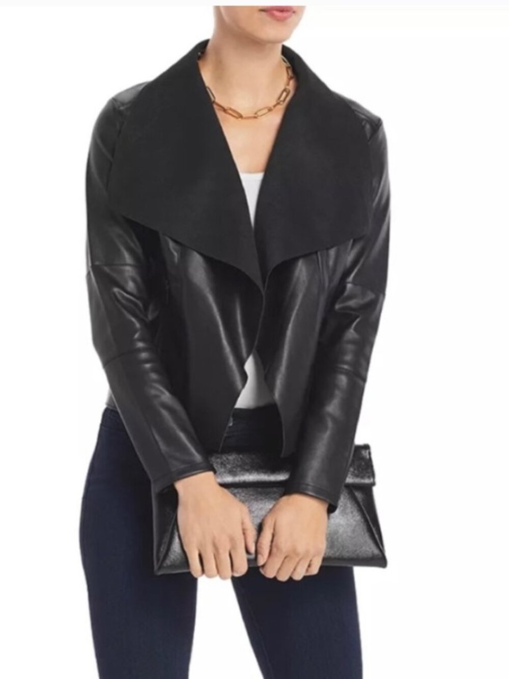 Bagatelle Faux Leather Draped Front Black Jacket